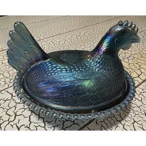 Indiana Glass Iridescent Blue Carnival Hen On Nest Covered Dish No Cracks/Chips
